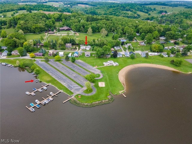 drone / aerial view with a water view