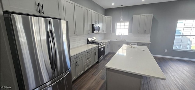 kitchen featuring a sink, backsplash, appliances with stainless steel finishes, and gray cabinets