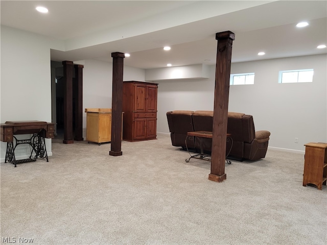 basement with light colored carpet