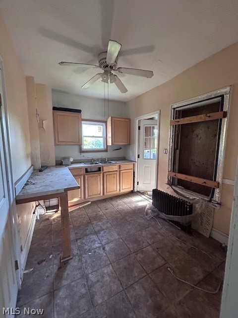 kitchen featuring dark tile flooring, ceiling fan, light brown cabinetry, and sink