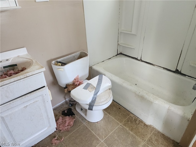 full bathroom featuring shower / tub combination, tile floors, vanity, and toilet