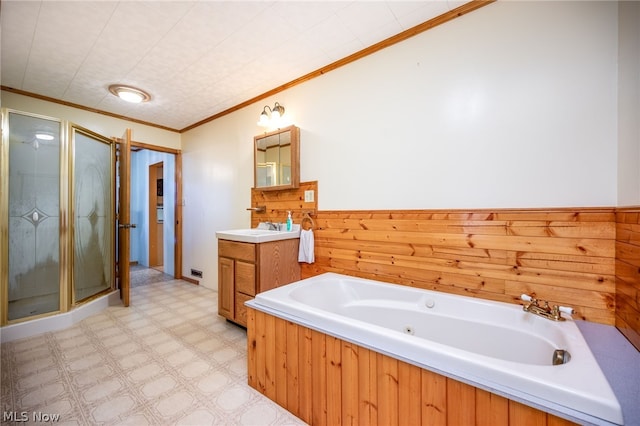 bathroom featuring shower with separate bathtub, tile floors, ornamental molding, wood walls, and large vanity