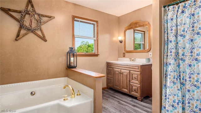 bathroom with hardwood / wood-style floors, oversized vanity, a bathtub, and plenty of natural light