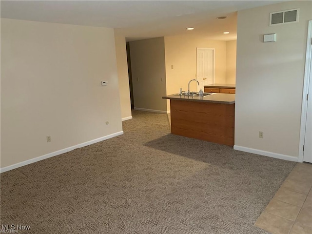 kitchen featuring sink and light colored carpet