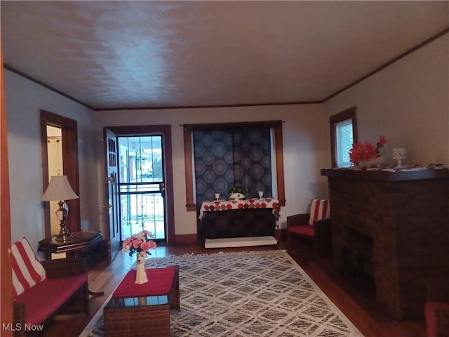 living room featuring crown molding and wood-type flooring