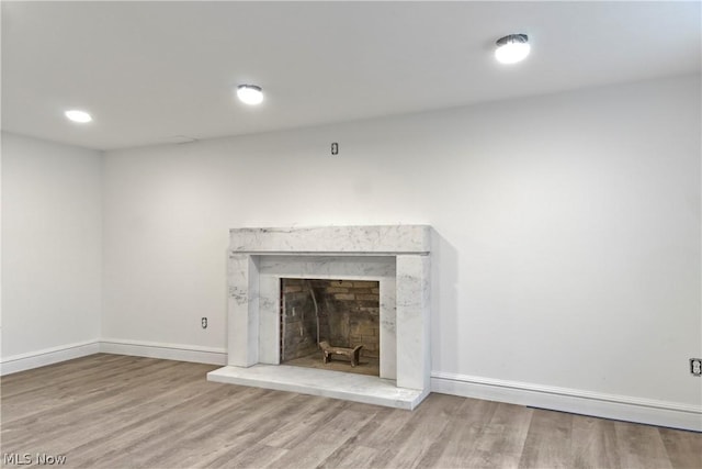 details featuring hardwood / wood-style floors and a premium fireplace