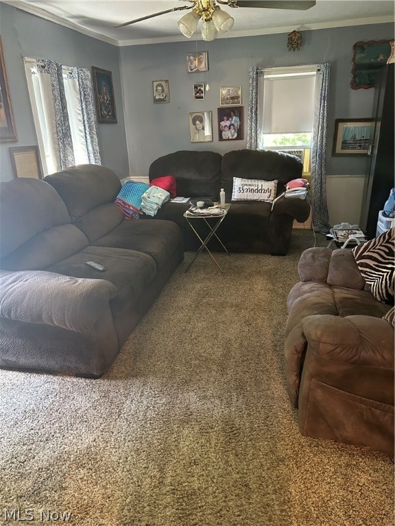 living room featuring ceiling fan, carpet floors, and ornamental molding