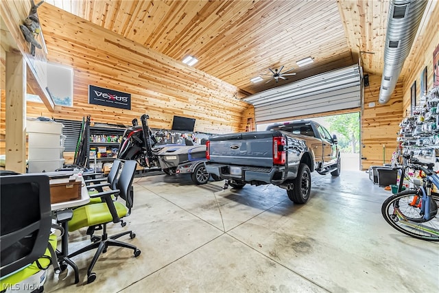 garage with wooden walls, ceiling fan, and wood ceiling