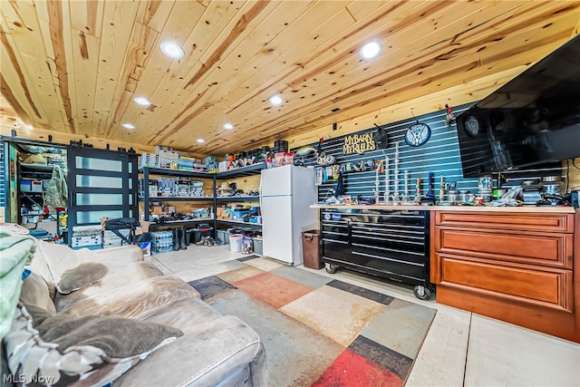 living room featuring a workshop area and wood ceiling