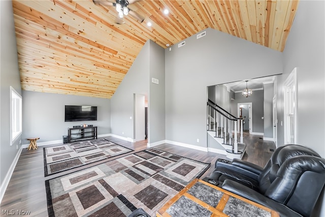 living room featuring dark hardwood / wood-style floors, high vaulted ceiling, ceiling fan, and wood ceiling