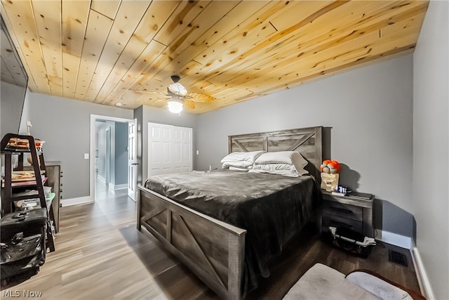 bedroom featuring light hardwood / wood-style floors and wooden ceiling