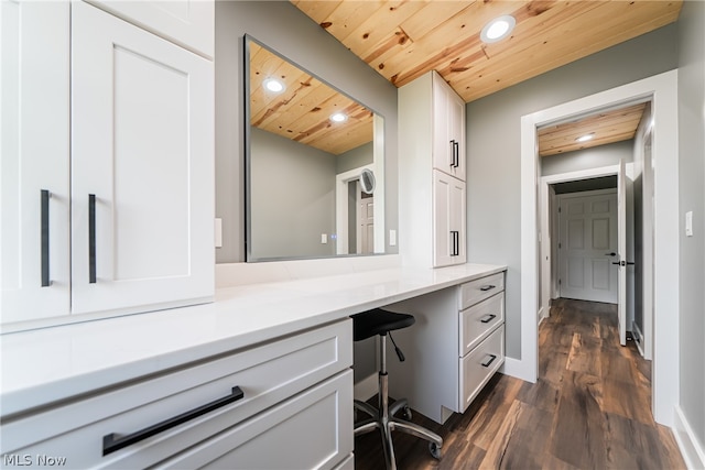 bathroom with wooden ceiling, hardwood / wood-style floors, and large vanity