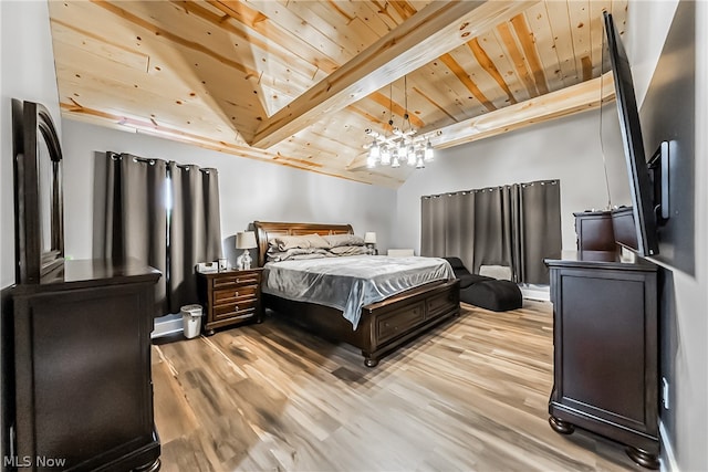 bedroom with wooden ceiling, beam ceiling, and hardwood / wood-style flooring