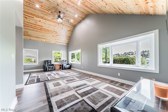 interior space with high vaulted ceiling, wood-type flooring, ceiling fan, and wooden ceiling