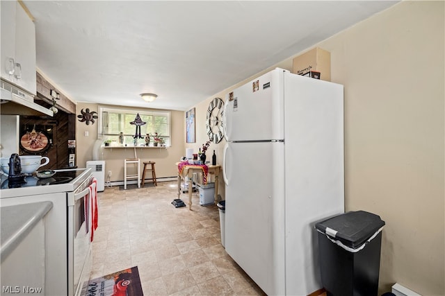 kitchen featuring a baseboard heating unit, white appliances, white cabinets, and light tile floors