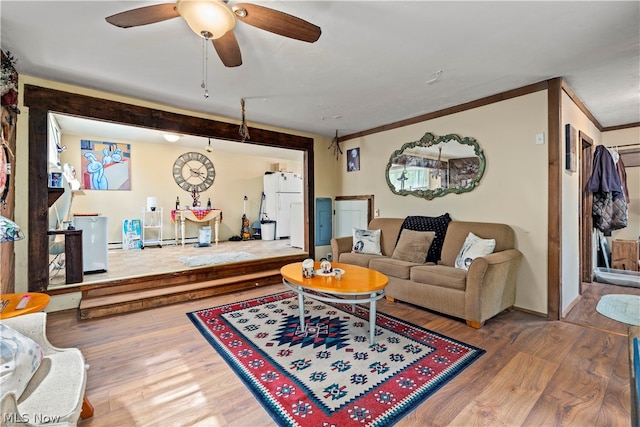 living room featuring wood-type flooring, ceiling fan, and crown molding