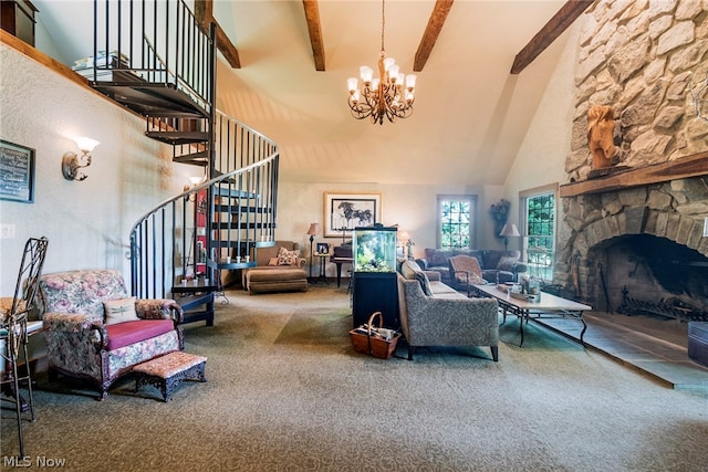 living room featuring a fireplace, carpet flooring, beam ceiling, high vaulted ceiling, and a chandelier