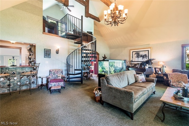 living room featuring beam ceiling, carpet floors, ceiling fan with notable chandelier, and high vaulted ceiling