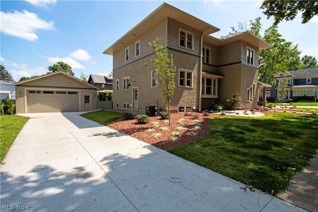 view of front of property featuring central AC, a garage, a front yard, and an outdoor structure