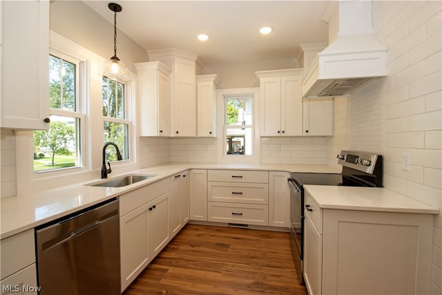 kitchen featuring backsplash, custom exhaust hood, appliances with stainless steel finishes, and plenty of natural light