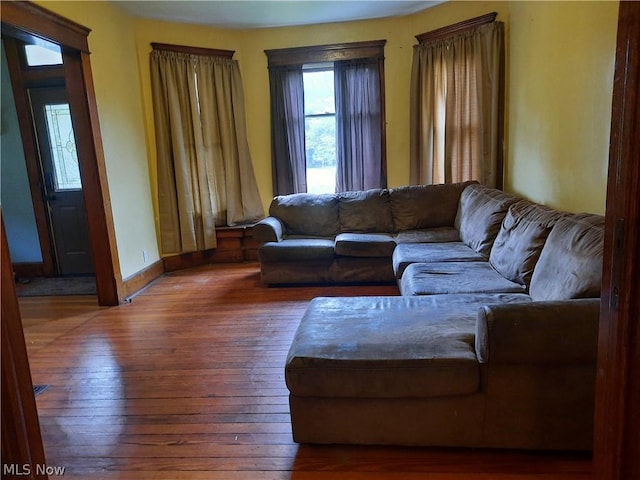 living room with dark hardwood / wood-style flooring