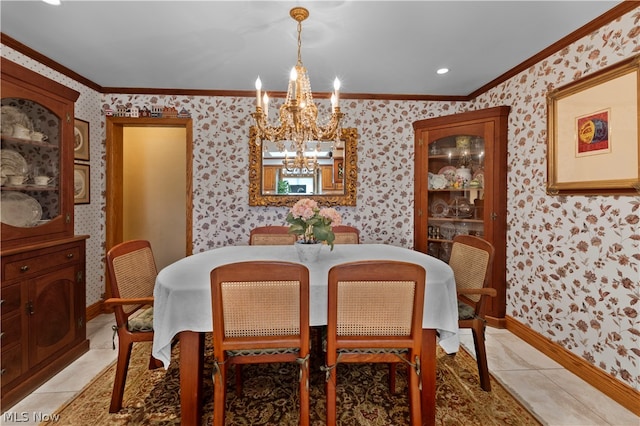 dining space featuring a notable chandelier, light tile patterned flooring, and crown molding