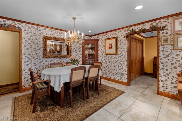 dining space featuring ornamental molding, light tile patterned floors, and a chandelier