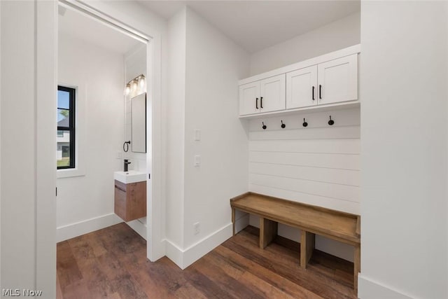 mudroom featuring dark hardwood / wood-style flooring and sink