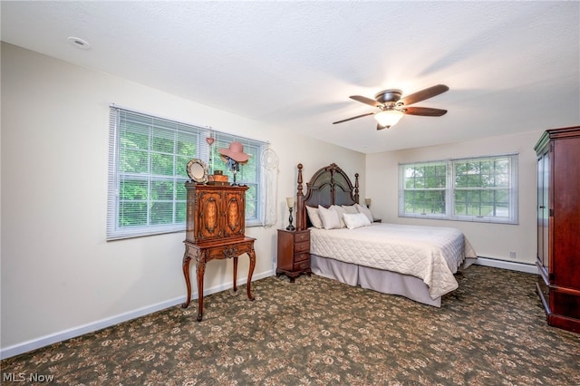 bedroom featuring ceiling fan and a textured ceiling