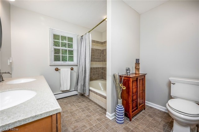 full bathroom featuring shower / bath combo, vanity, toilet, and baseboard heating