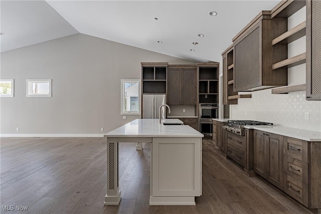 kitchen with a wealth of natural light, stainless steel appliances, a kitchen island with sink, and lofted ceiling