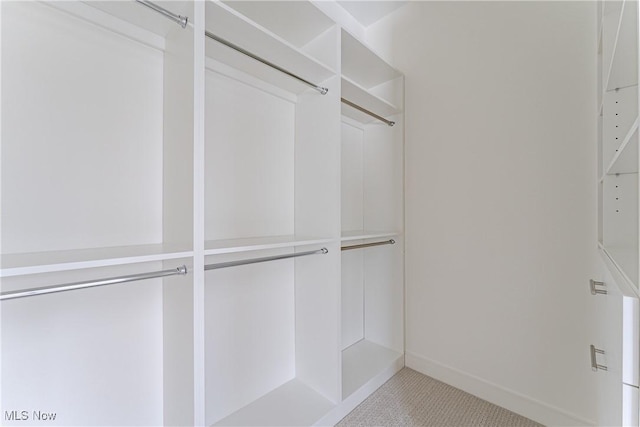 walk in closet featuring light carpet