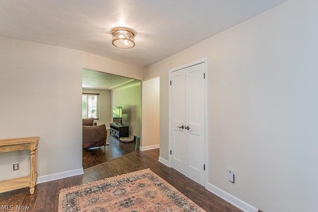 hallway with dark wood-type flooring