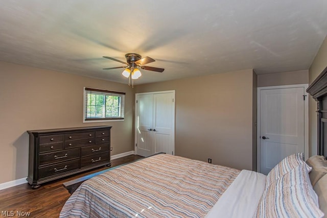 bedroom featuring ceiling fan, a closet, and dark hardwood / wood-style floors