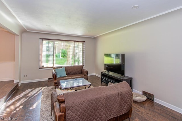 living room with crown molding and dark wood-type flooring