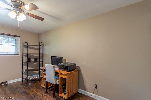 office space featuring dark hardwood / wood-style floors and ceiling fan