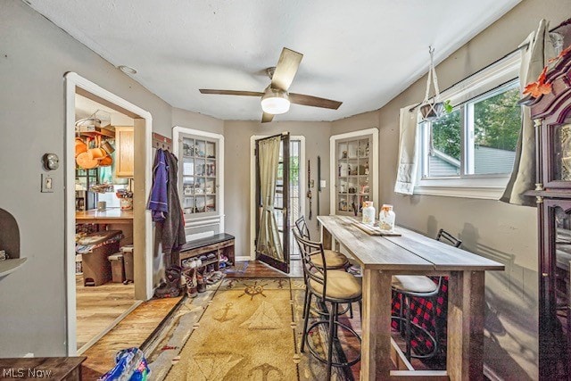 dining area featuring hardwood / wood-style floors and ceiling fan