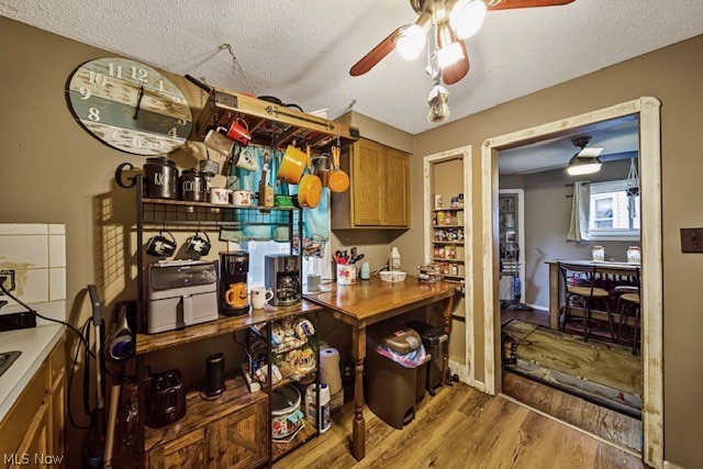 kitchen with ceiling fan, light hardwood / wood-style floors, and a textured ceiling