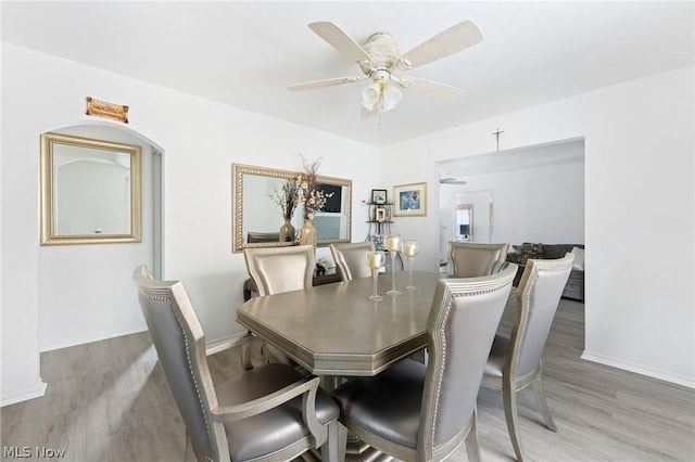 dining area with ceiling fan and wood-type flooring