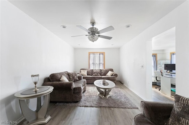 living room featuring ceiling fan and hardwood / wood-style floors