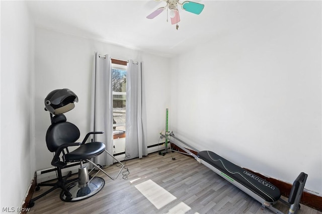 exercise room featuring light wood-type flooring and ceiling fan