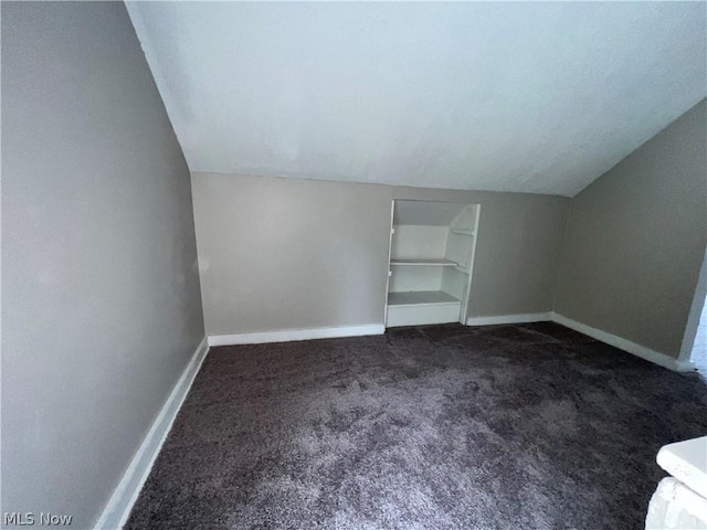 additional living space with dark colored carpet and lofted ceiling