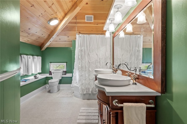 bathroom with vanity, toilet, beam ceiling, and wooden ceiling