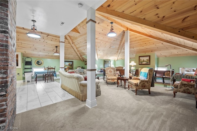 carpeted living room featuring wood ceiling and lofted ceiling with beams