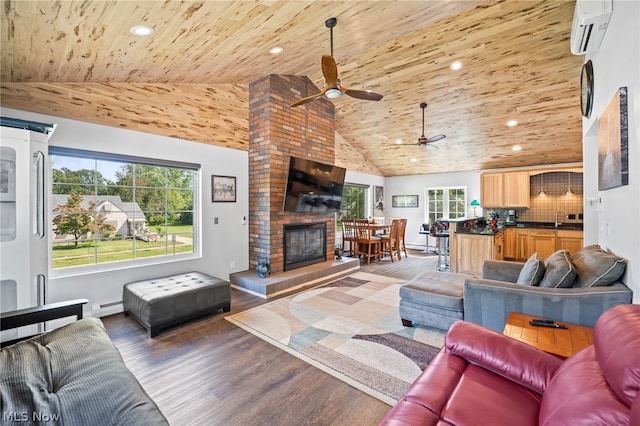 living room with a baseboard heating unit, a fireplace, high vaulted ceiling, wooden ceiling, and a wall mounted air conditioner