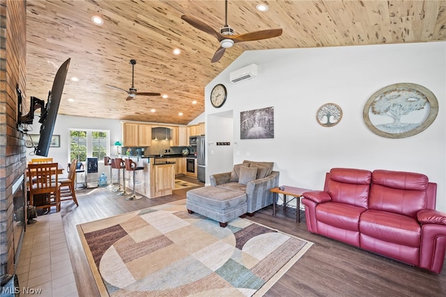 living room with high vaulted ceiling, wood-type flooring, wood ceiling, and a wall mounted air conditioner