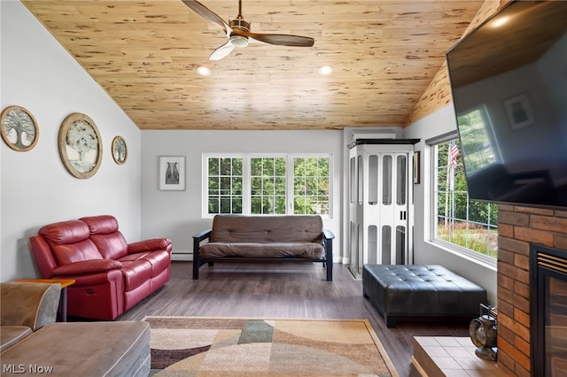 living room with wood ceiling, ceiling fan, a baseboard radiator, lofted ceiling, and wood-type flooring