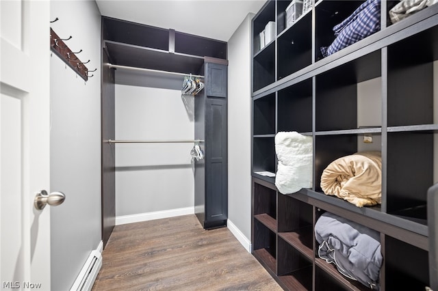 spacious closet featuring baseboard heating and hardwood / wood-style flooring