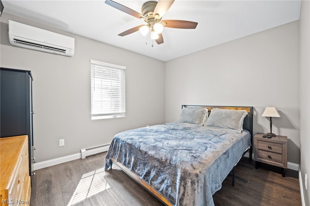 bedroom with a wall unit AC, ceiling fan, dark wood-type flooring, and a baseboard radiator