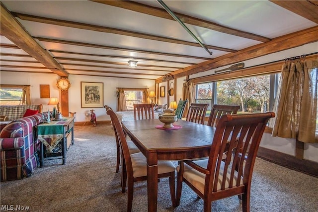 dining space with carpet and beamed ceiling